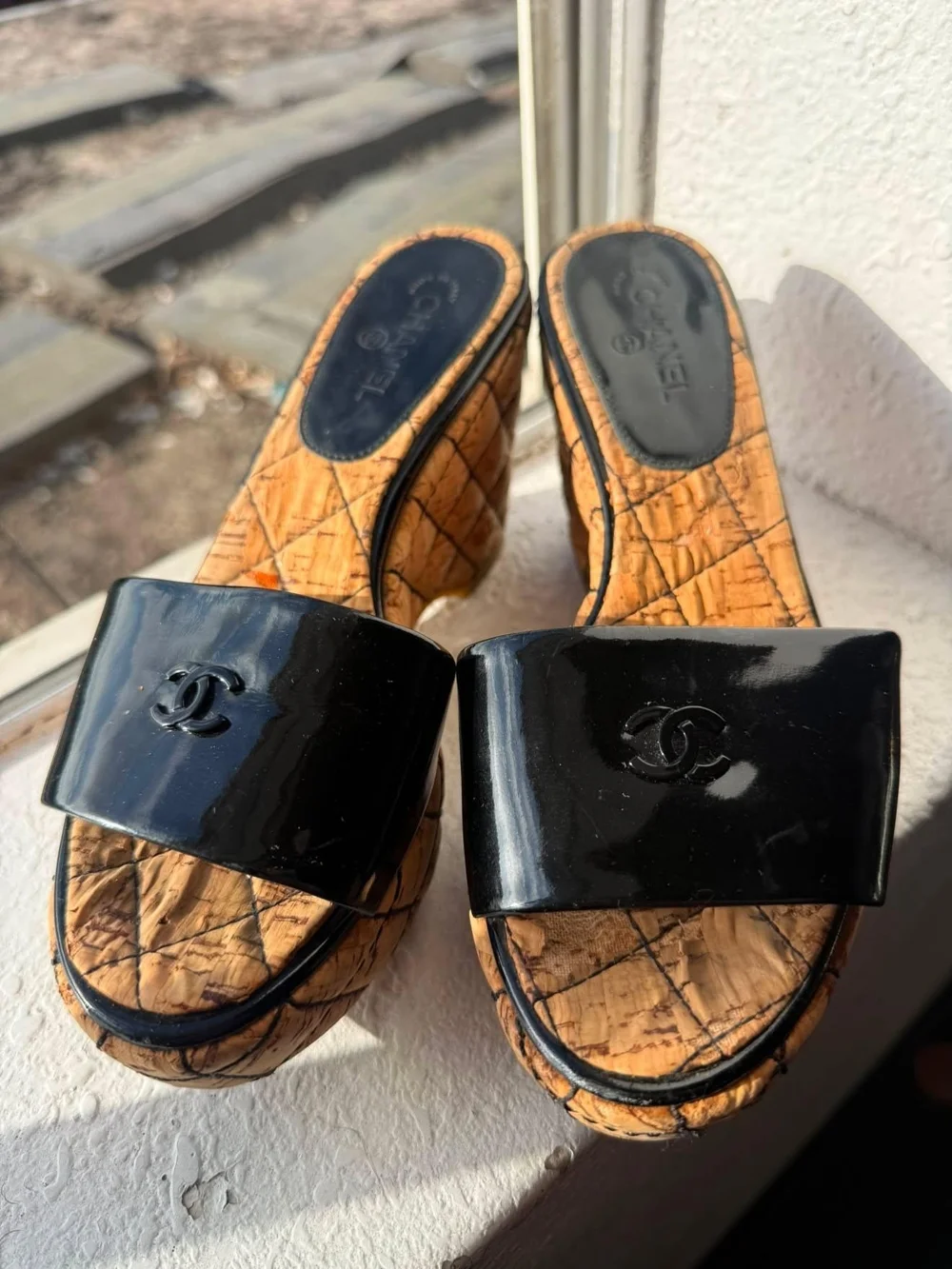 CHANEL Black Patent Cork Platform Slide Mules